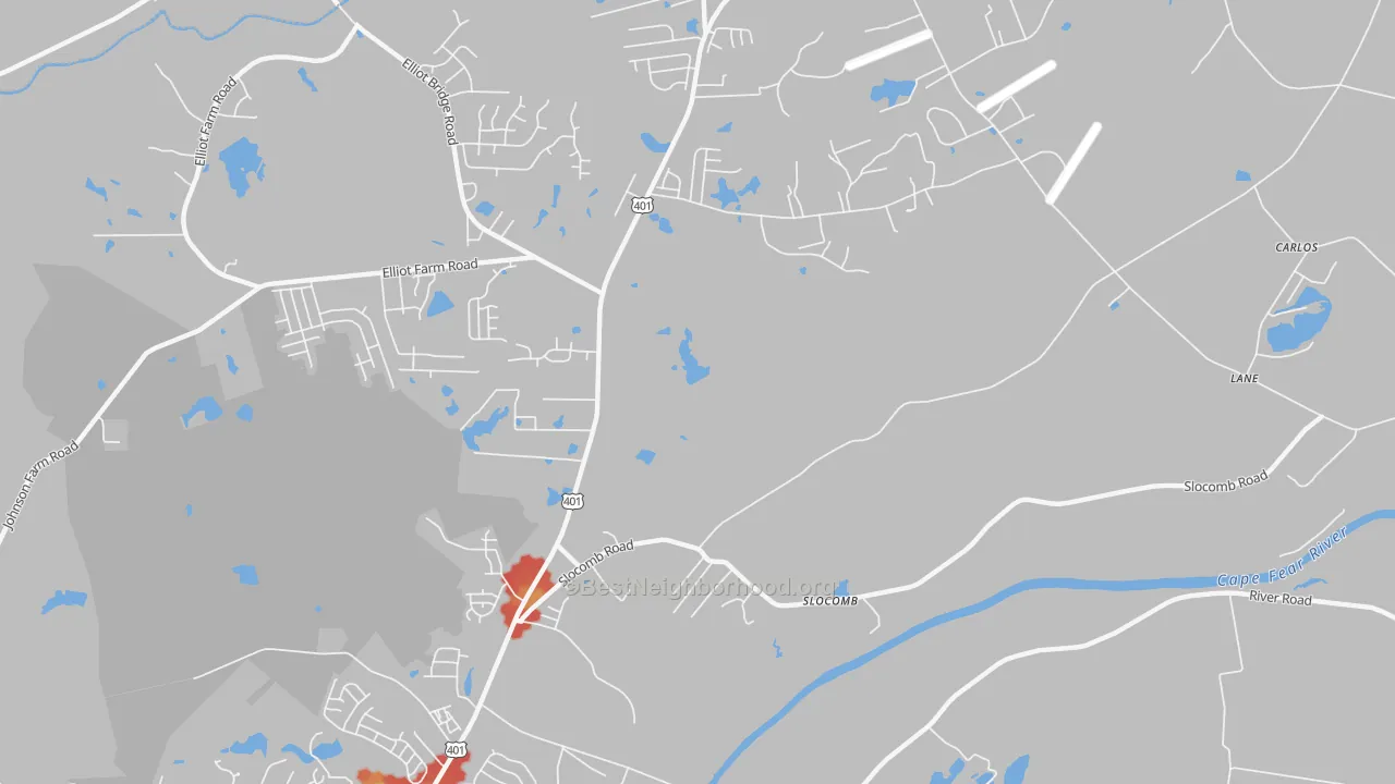 Walk Grade map of Slocomb, NC, walkable areas in green and car-dependent areas in red