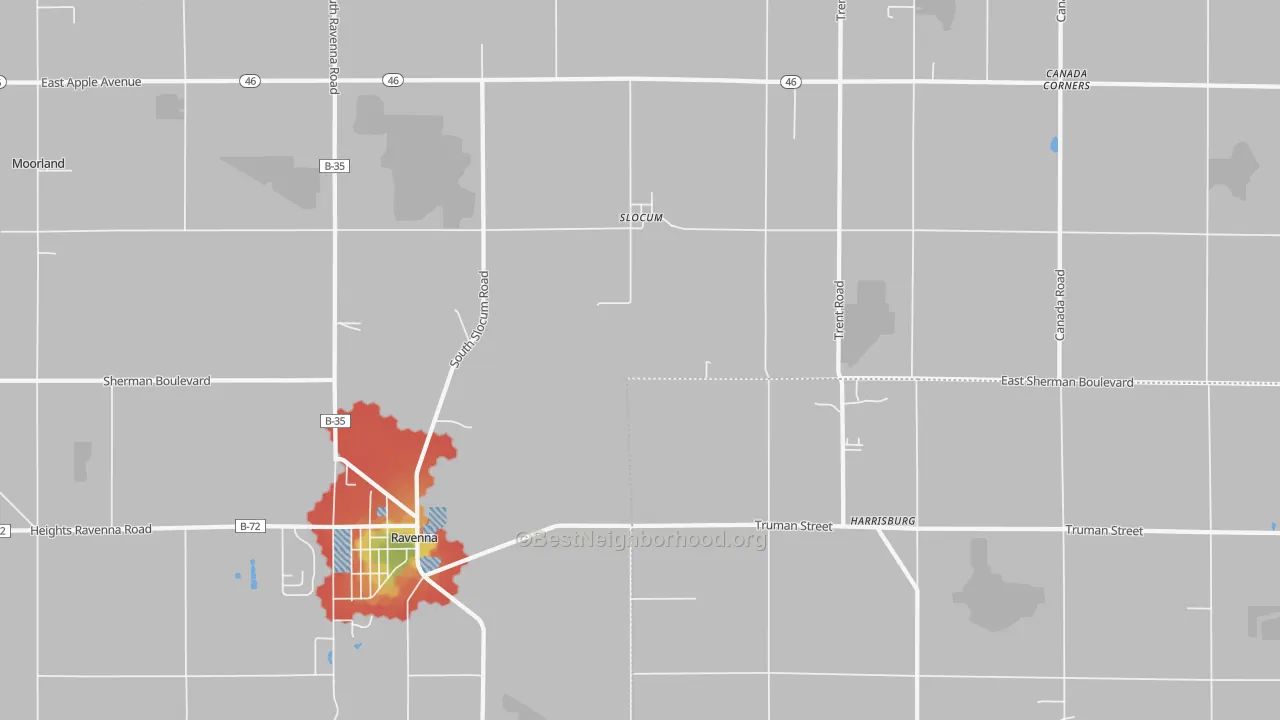 Walk Grade map of Slocum, MI, walkable areas in green and car-dependent areas in red