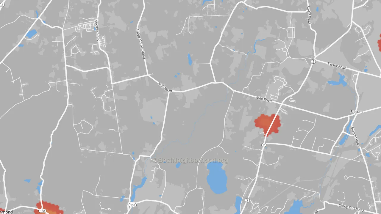 Walk Grade map of Slocum, RI, walkable areas in green and car-dependent areas in red