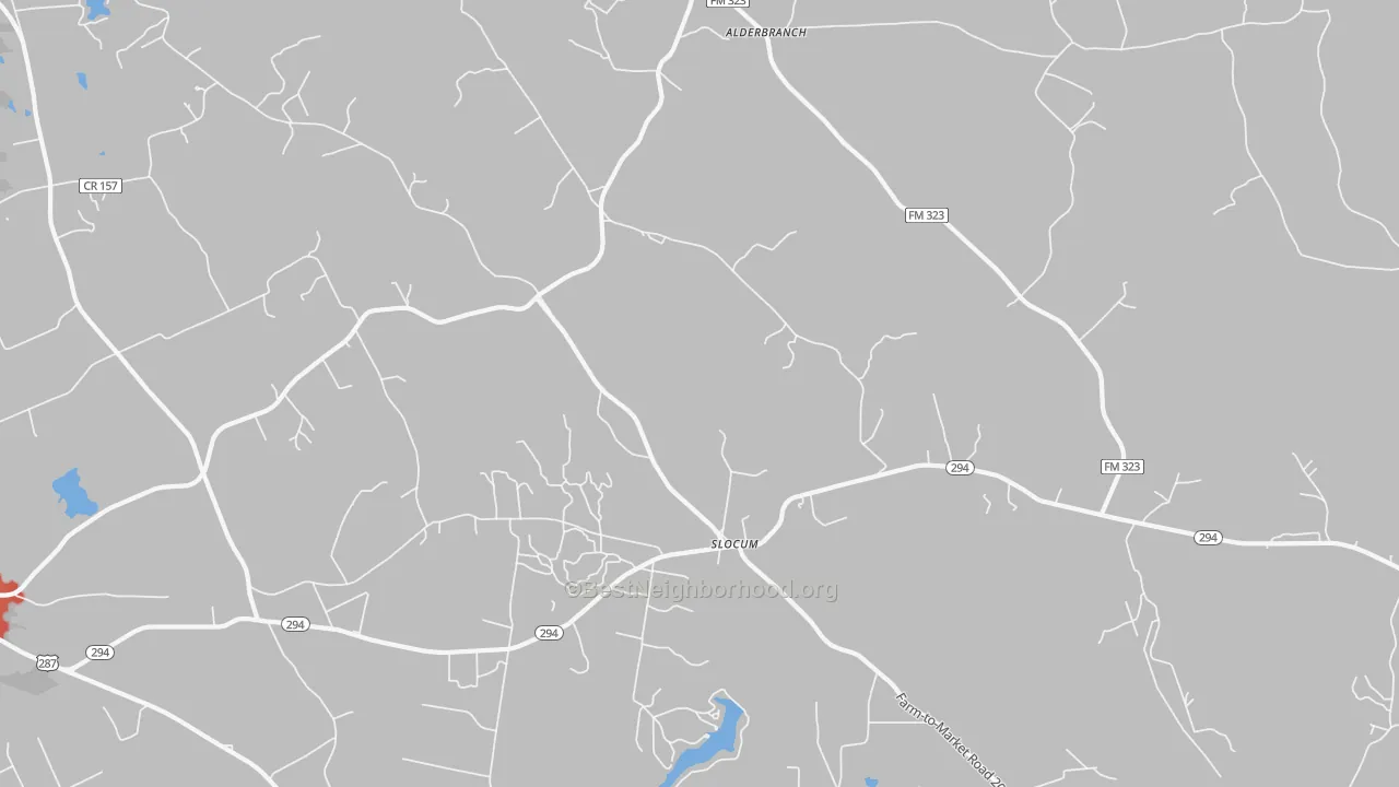 Walk Grade map of Slocum, TX, walkable areas in green and car-dependent areas in red