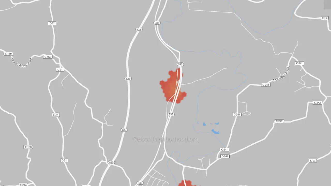 Walk Grade map of Slocums, OH, walkable areas in green and car-dependent areas in red