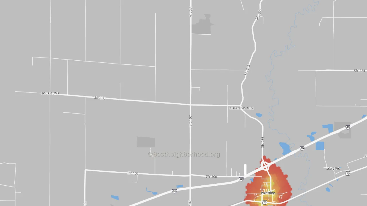 Walk Grade map of Slonikers Mill, AR, walkable areas in green and car-dependent areas in red