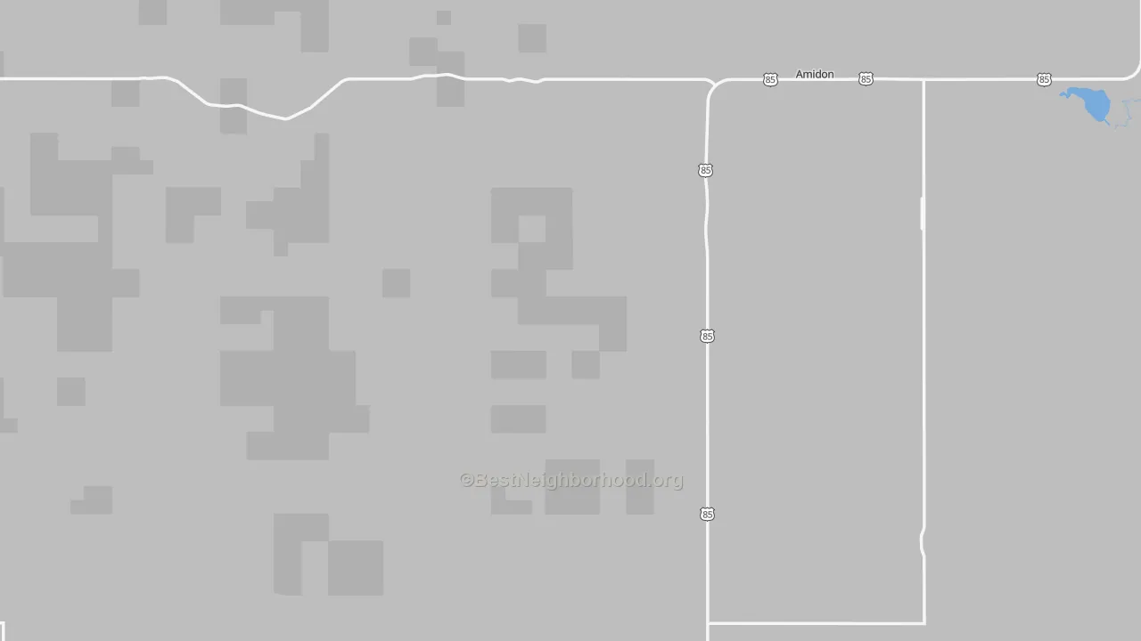 Walk Grade map of Slope County, ND, walkable areas in green and car-dependent areas in red
