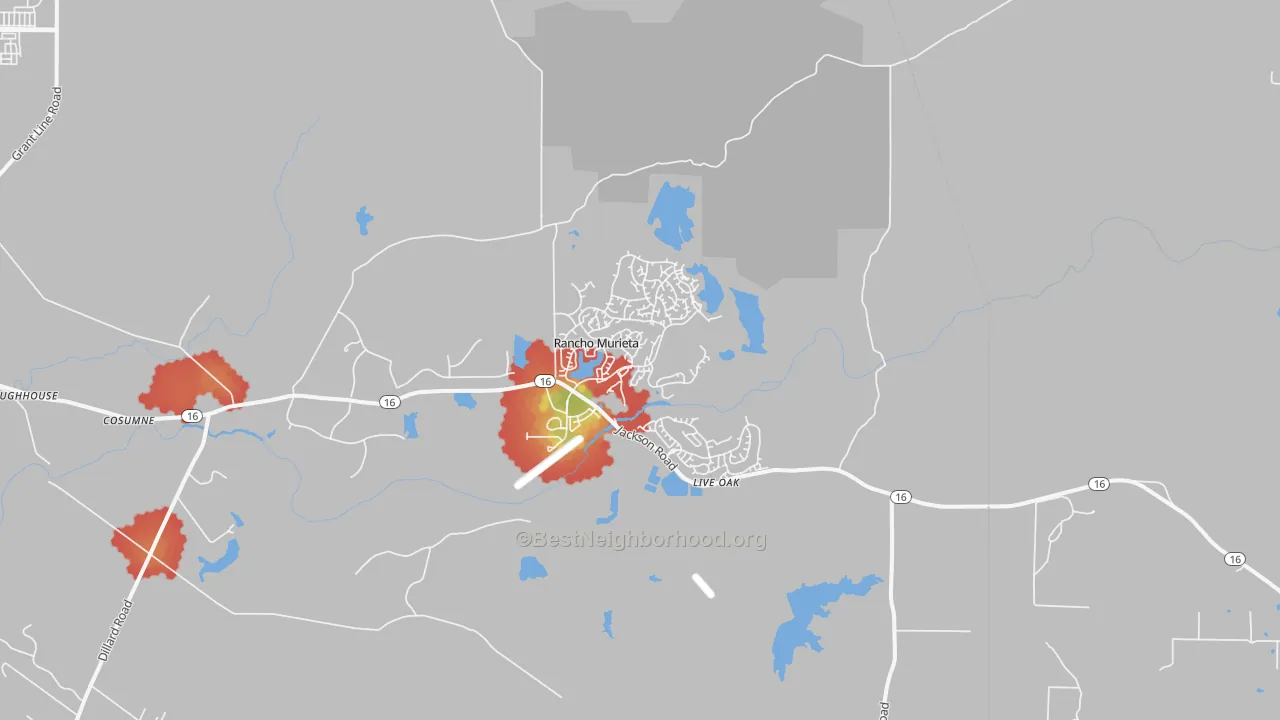 Walk Grade map of Sloughhouse, CA, walkable areas in green and car-dependent areas in red
