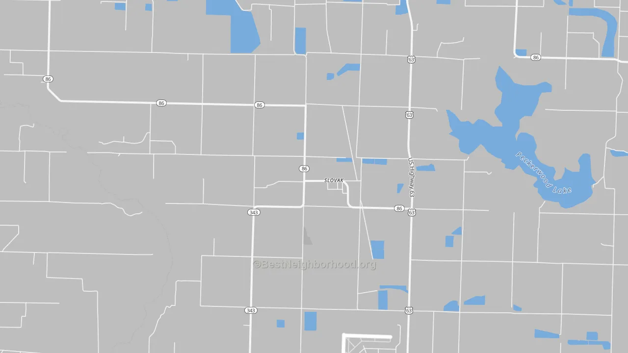 Walk Grade map of Slovak, AR, walkable areas in green and car-dependent areas in red