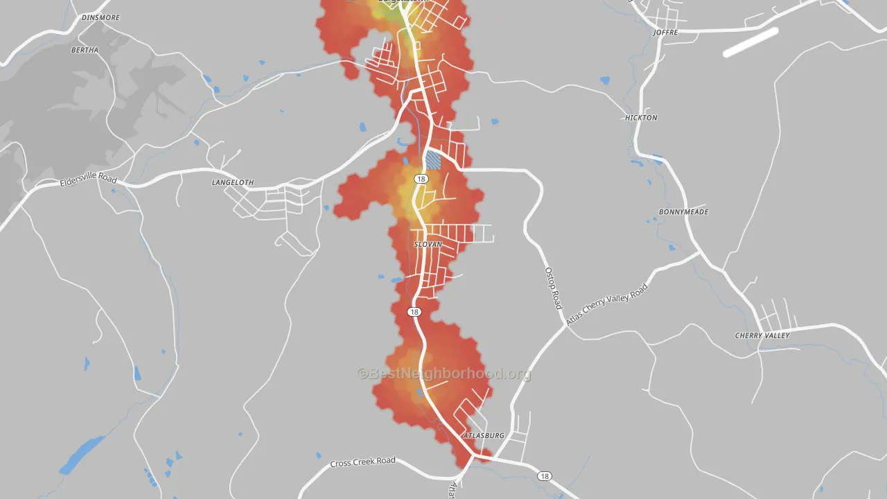 Walk Grade map of Slovan, PA, walkable areas in green and car-dependent areas in red