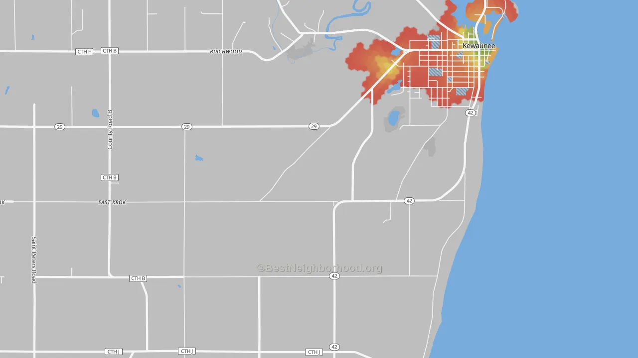 Walk Grade map of Slovan, WI, walkable areas in green and car-dependent areas in red
