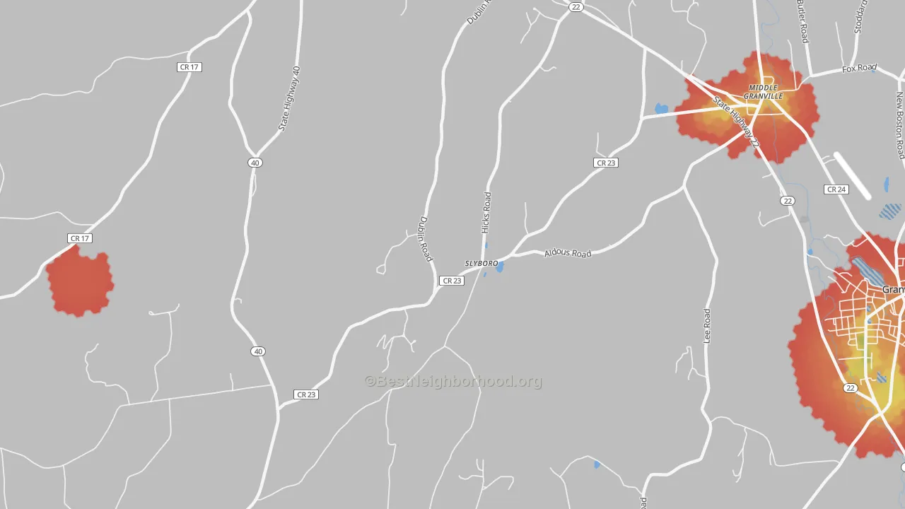 Walk Grade map of Slyboro, NY, walkable areas in green and car-dependent areas in red