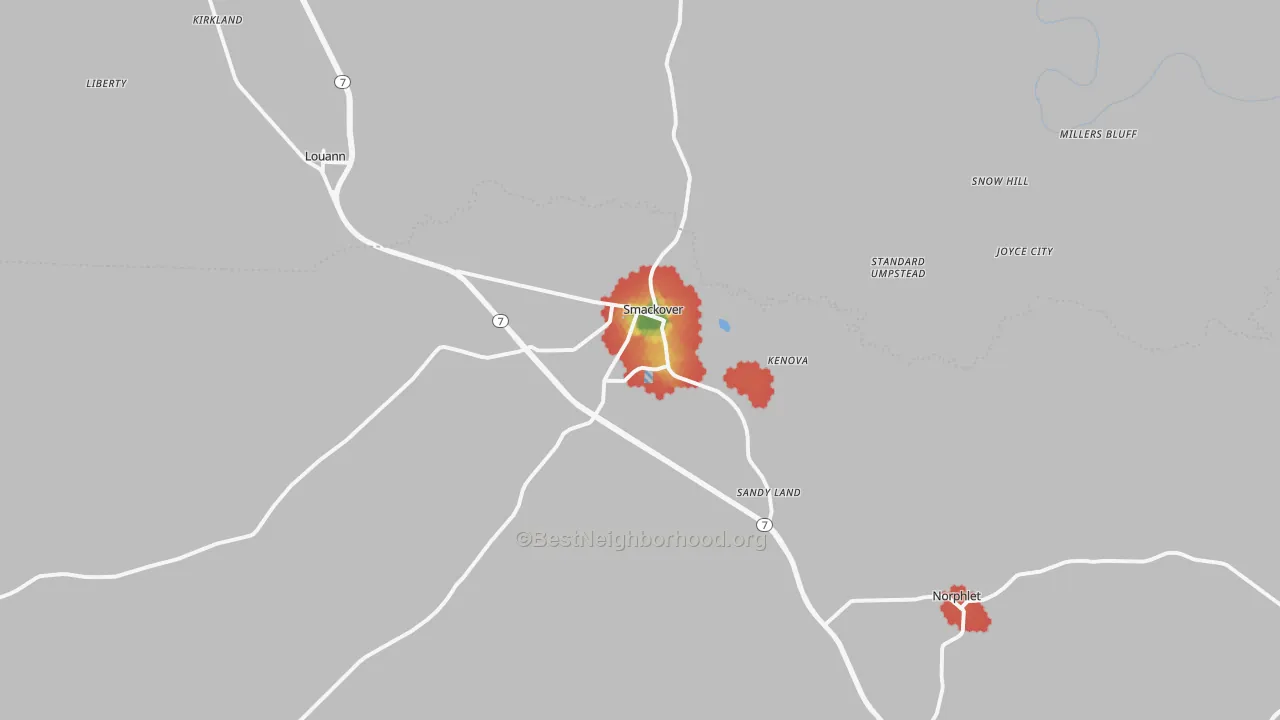Walk Grade map of Smackover, AR, walkable areas in green and car-dependent areas in red