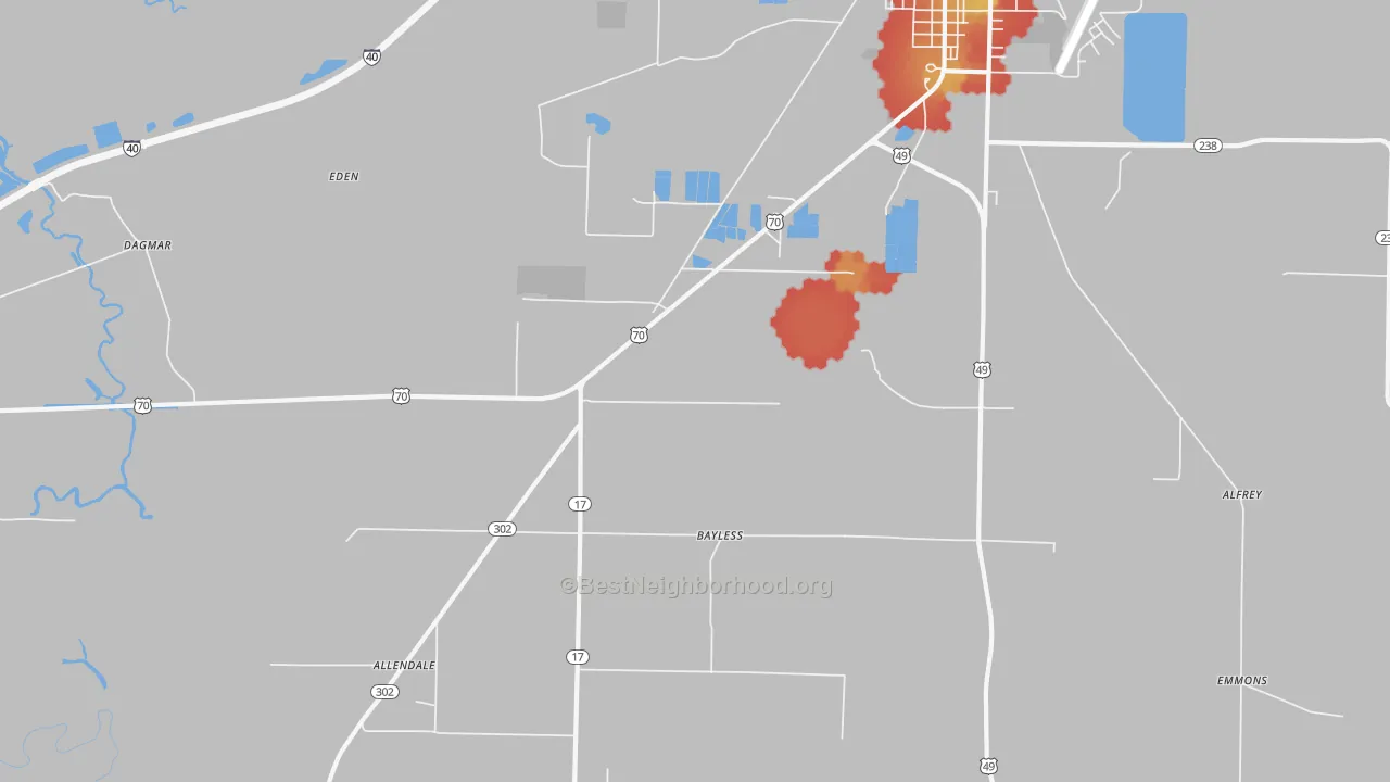 Walk Grade map of Smale, AR, walkable areas in green and car-dependent areas in red