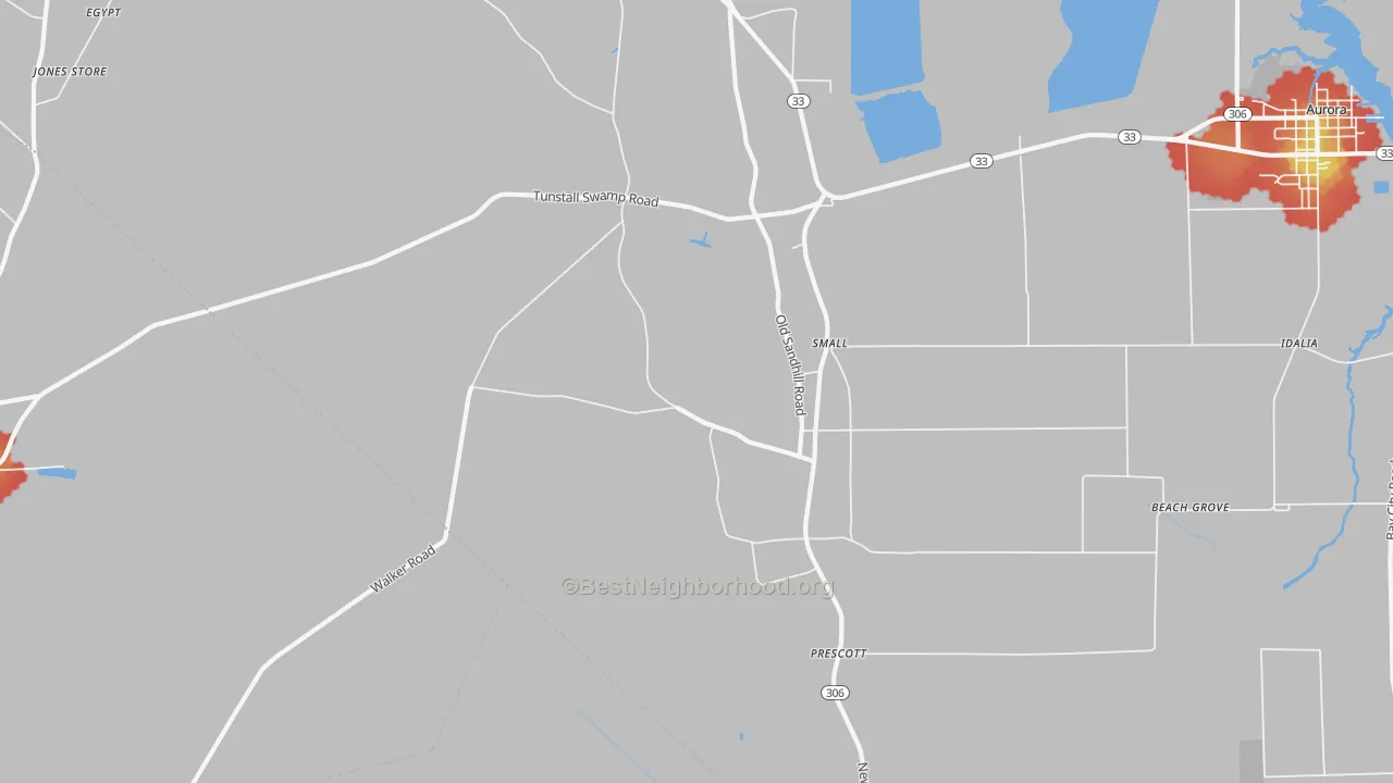 Walk Grade map of Small, NC, walkable areas in green and car-dependent areas in red