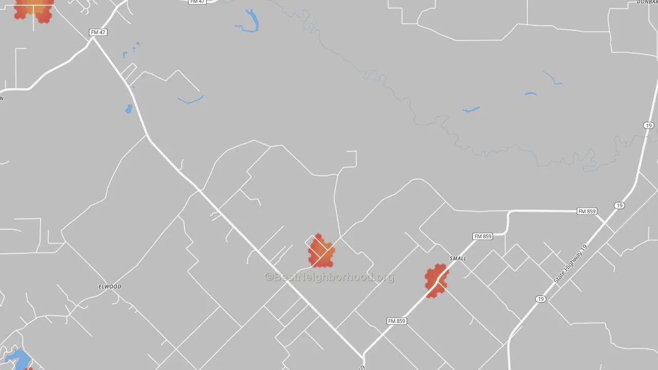 Walk Grade map of Small, TX, walkable areas in green and car-dependent areas in red