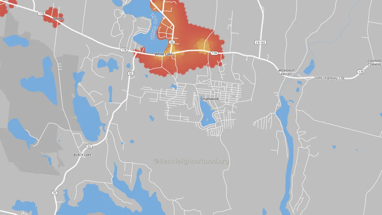 Walk Grade map of Smallwood, NY, walkable areas in green and car-dependent areas in red