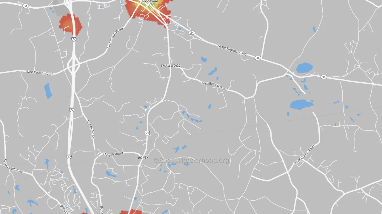 Walk Grade map of Smallwood, SC, walkable areas in green and car-dependent areas in red