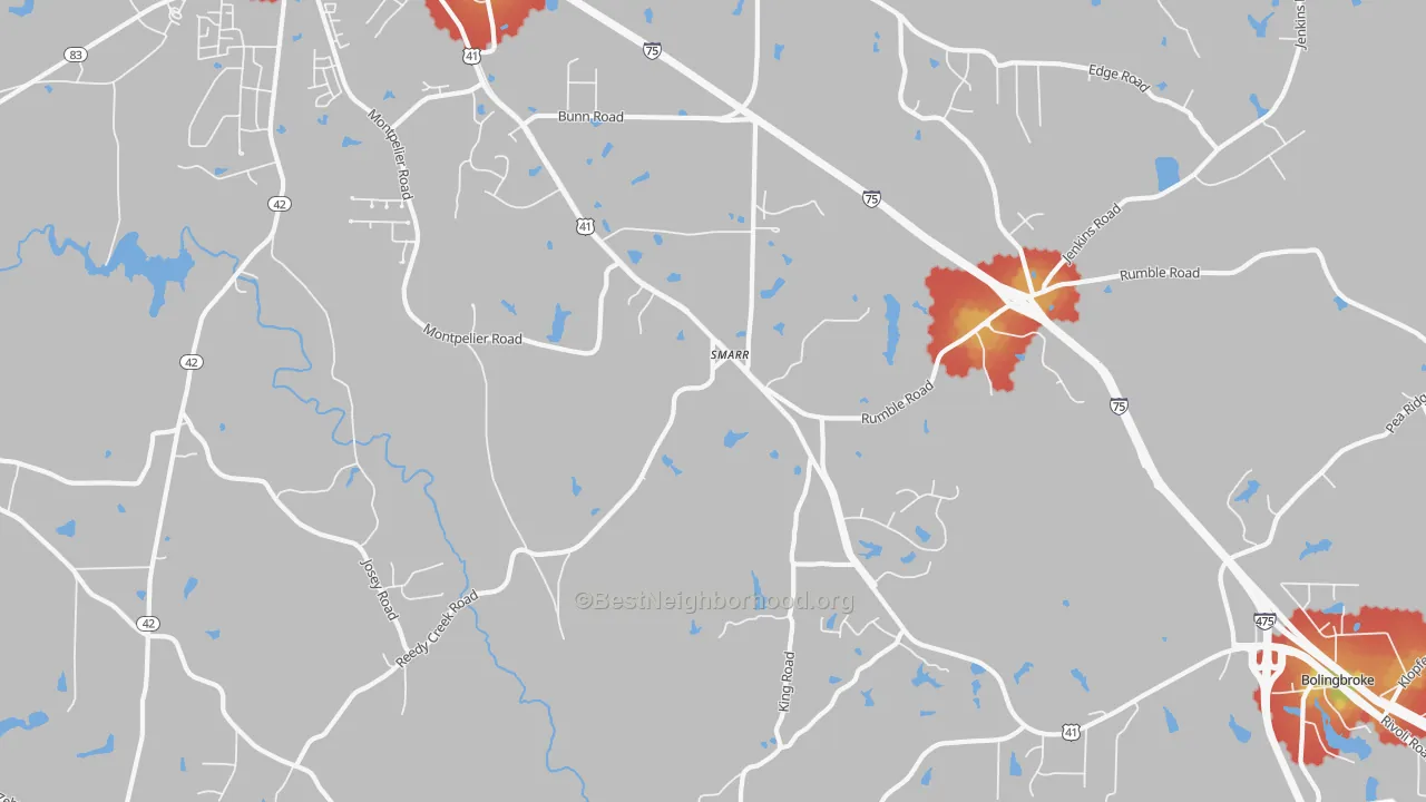 Walk Grade map of Smarr, GA, walkable areas in green and car-dependent areas in red