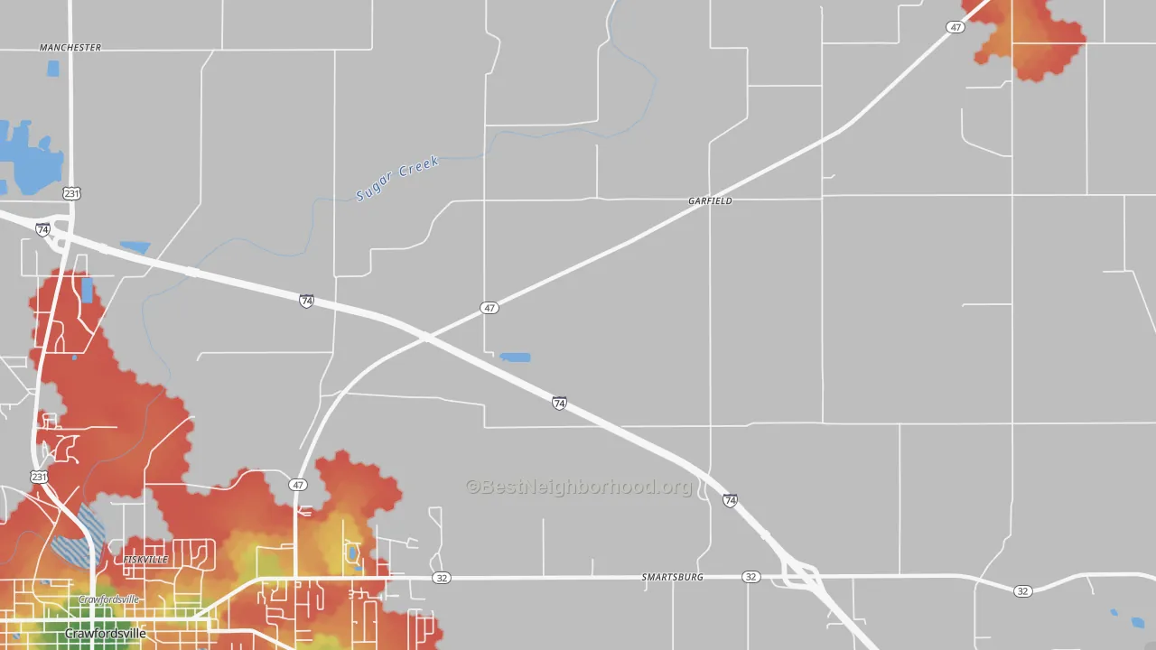 Walk Grade map of Smartsburg, IN, walkable areas in green and car-dependent areas in red