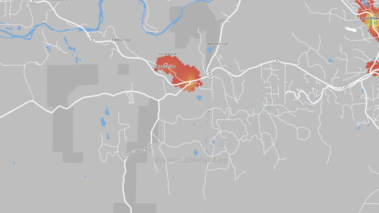Walk Grade map of Smartville, CA, walkable areas in green and car-dependent areas in red