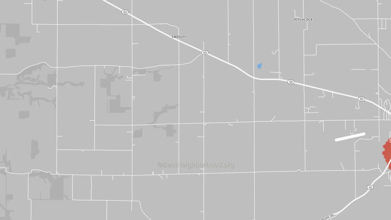 Walk Grade map of Smedley, IN, walkable areas in green and car-dependent areas in red