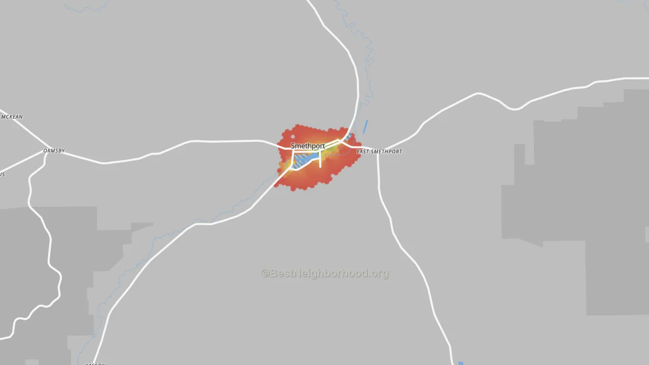 Walk Grade map of Smethport, PA, walkable areas in green and car-dependent areas in red