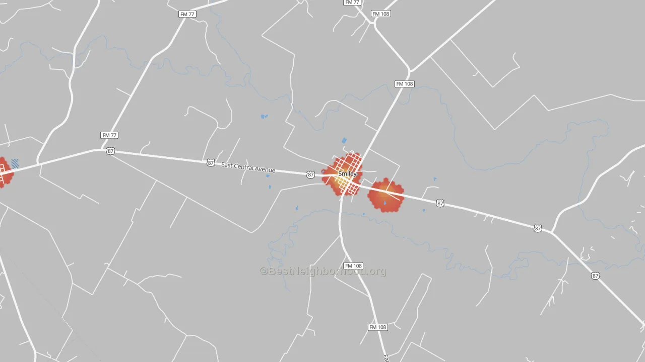 Walk Grade map of Smiley, TX, walkable areas in green and car-dependent areas in red