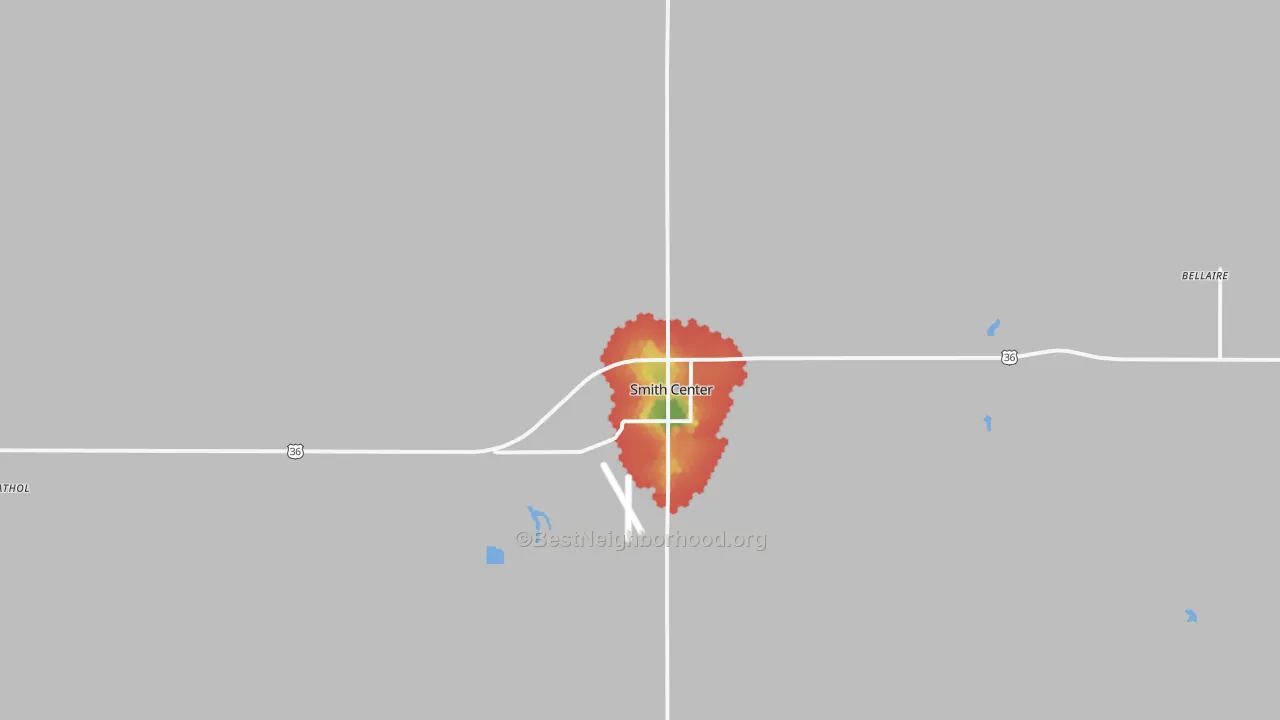 Walk Grade map of Smith Center, KS, walkable areas in green and car-dependent areas in red