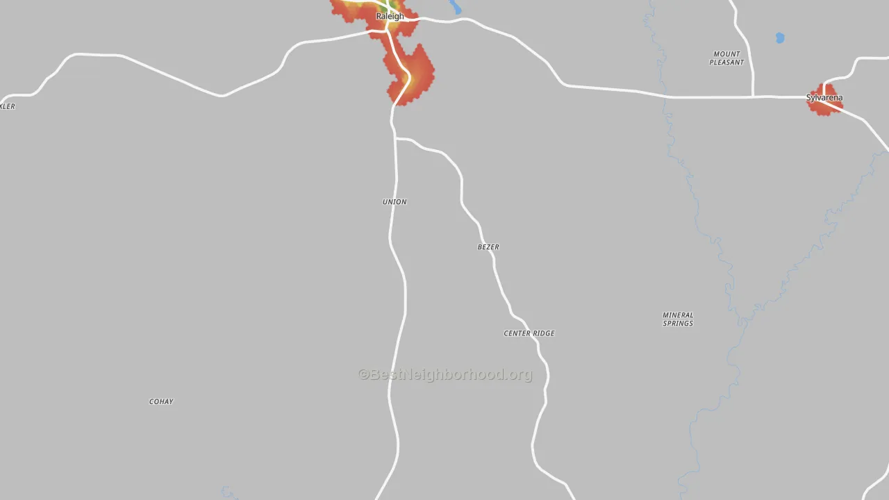 Walk Grade map of Smith County, MS, walkable areas in green and car-dependent areas in red