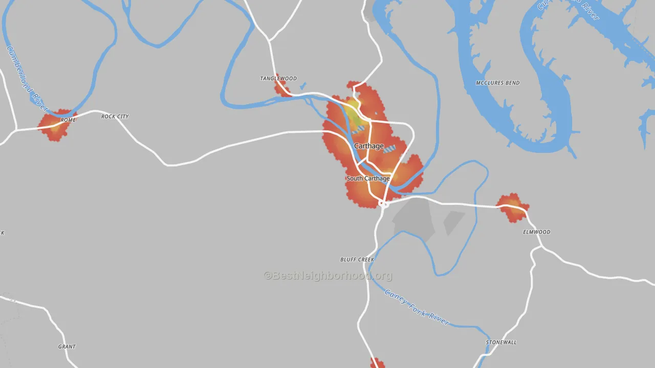 Walk Grade map of Smith County, TN, walkable areas in green and car-dependent areas in red