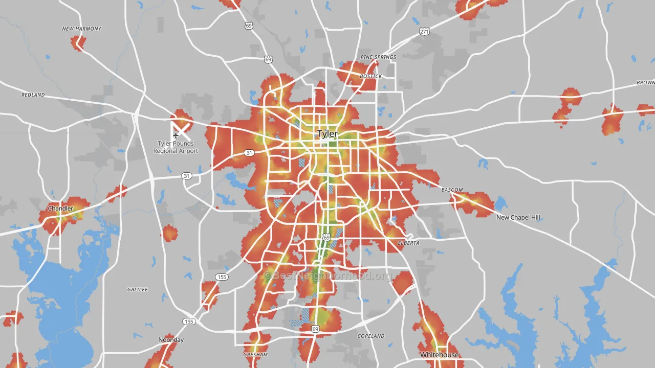 Walk Grade map of Smith County, TX, walkable areas in green and car-dependent areas in red
