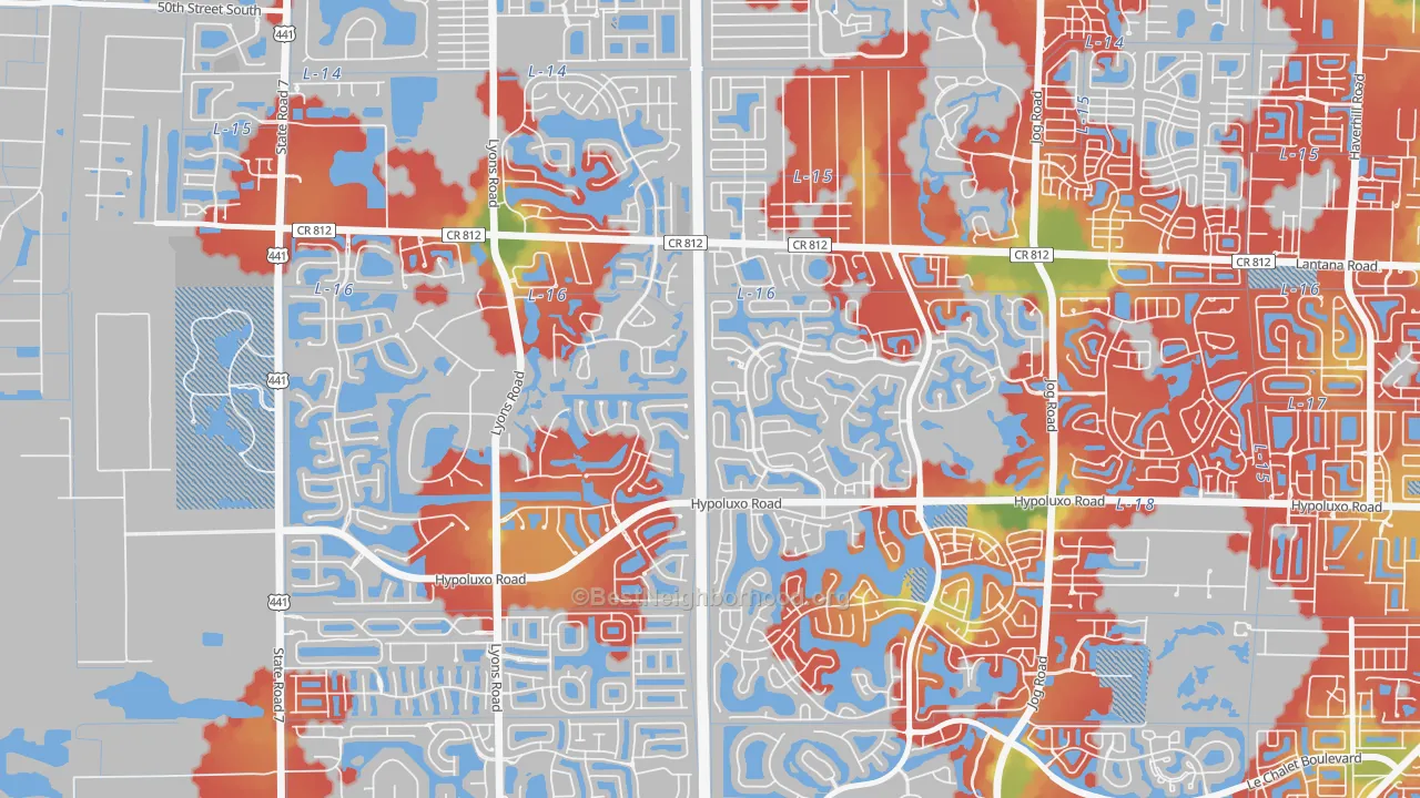 Walk Grade map of Smith Dairy West, Lake Worth, FL, walkable areas in green and car-dependent areas in red