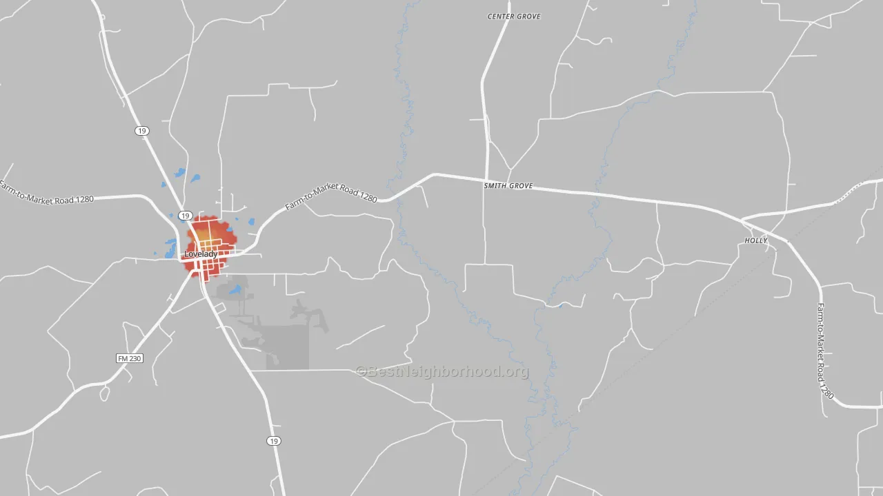 Walk Grade map of Smith Grove, TX, walkable areas in green and car-dependent areas in red