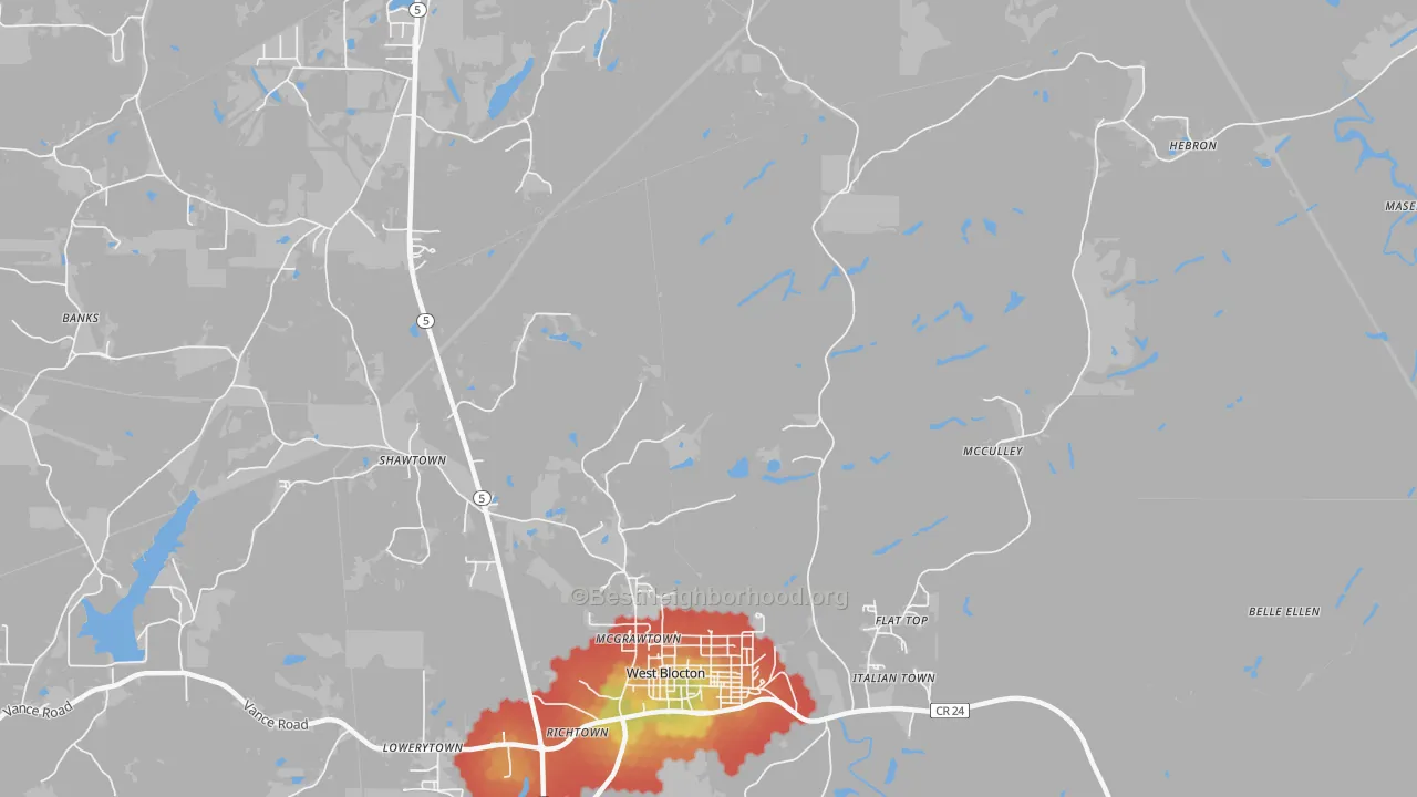 Walk Grade map of Smith Hill, AL, walkable areas in green and car-dependent areas in red