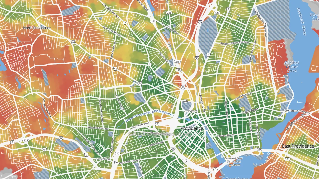 Walk Grade map of Smith Hill, Providence, RI, walkable areas in green and car-dependent areas in red