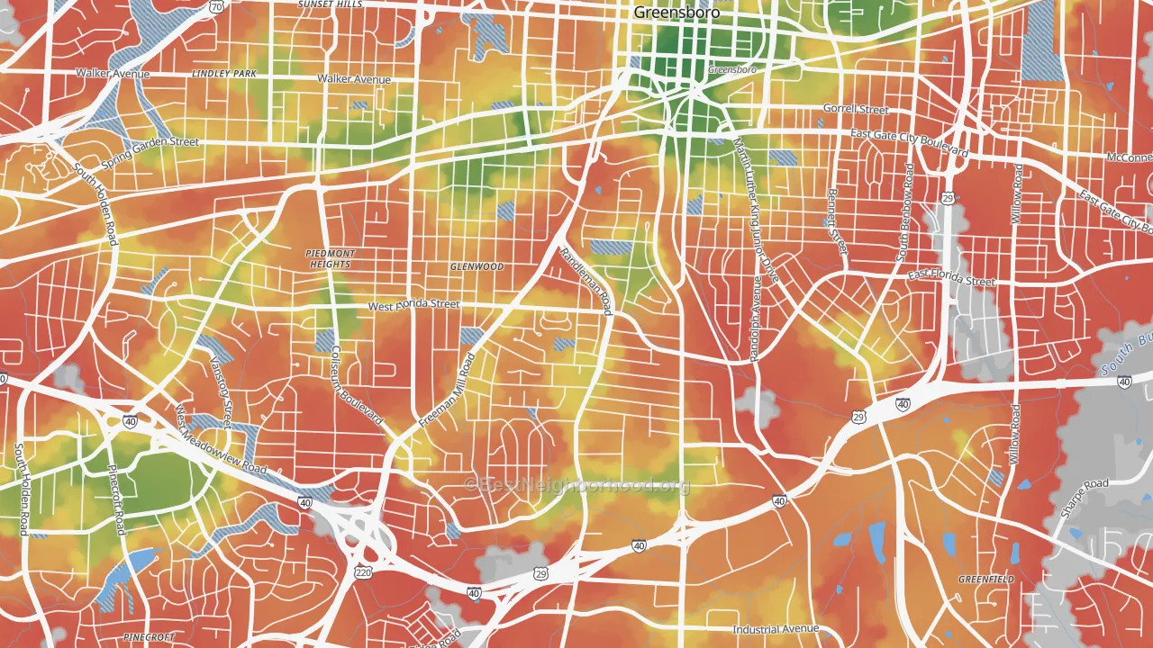 Walk Grade map of Smith Homes, Greensboro, NC, walkable areas in green and car-dependent areas in red