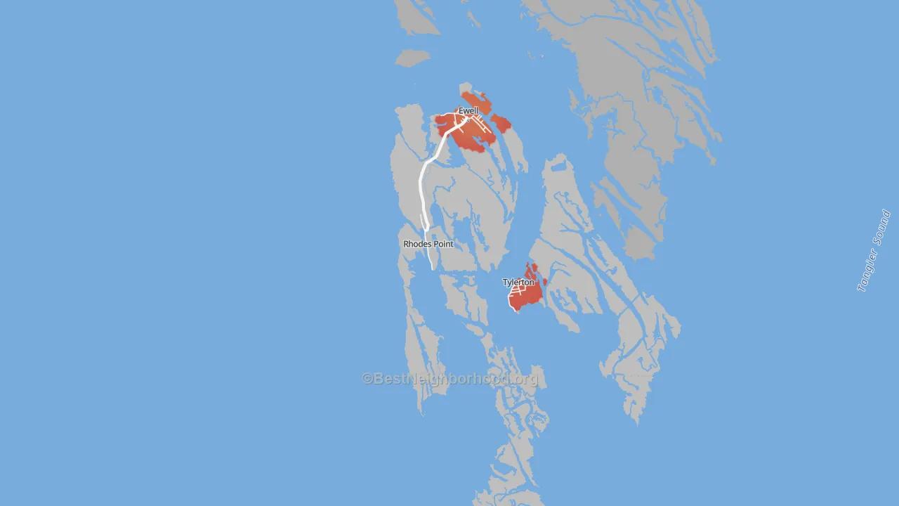 Walk Grade map of Smith Island, MD, walkable areas in green and car-dependent areas in red