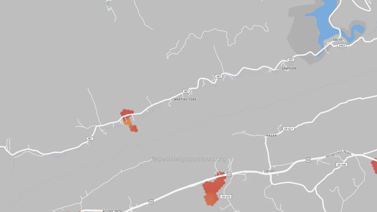 Walk Grade map of Smith, KY, walkable areas in green and car-dependent areas in red