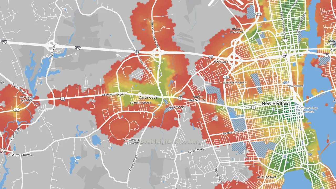 Walk Grade map of Smith Mills, MA, walkable areas in green and car-dependent areas in red