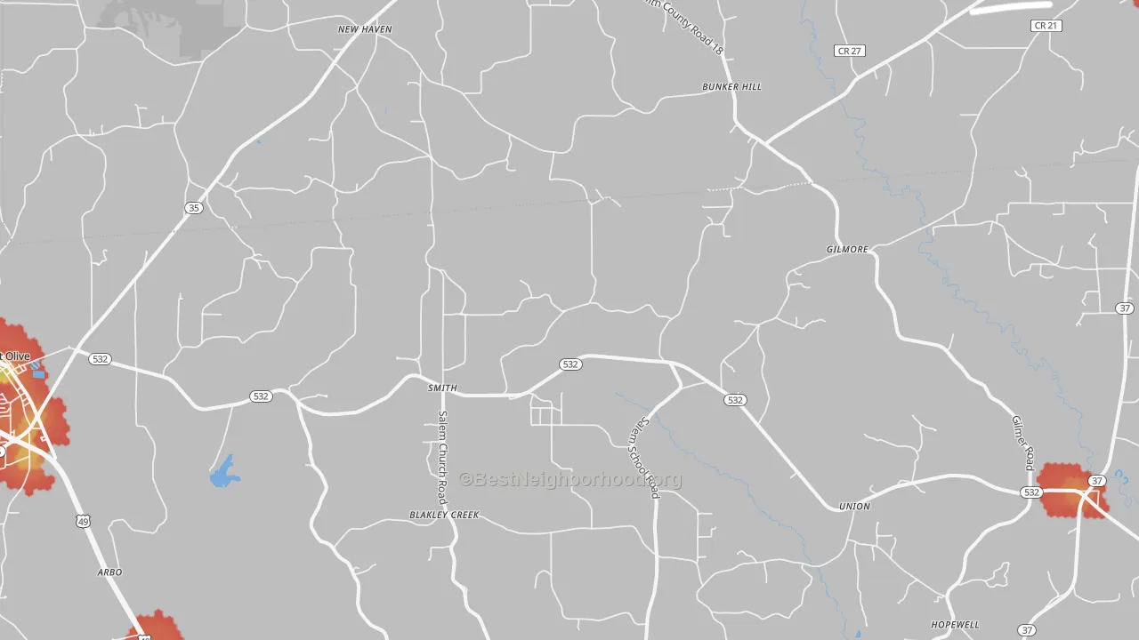Walk Grade map of Smith, MS, walkable areas in green and car-dependent areas in red