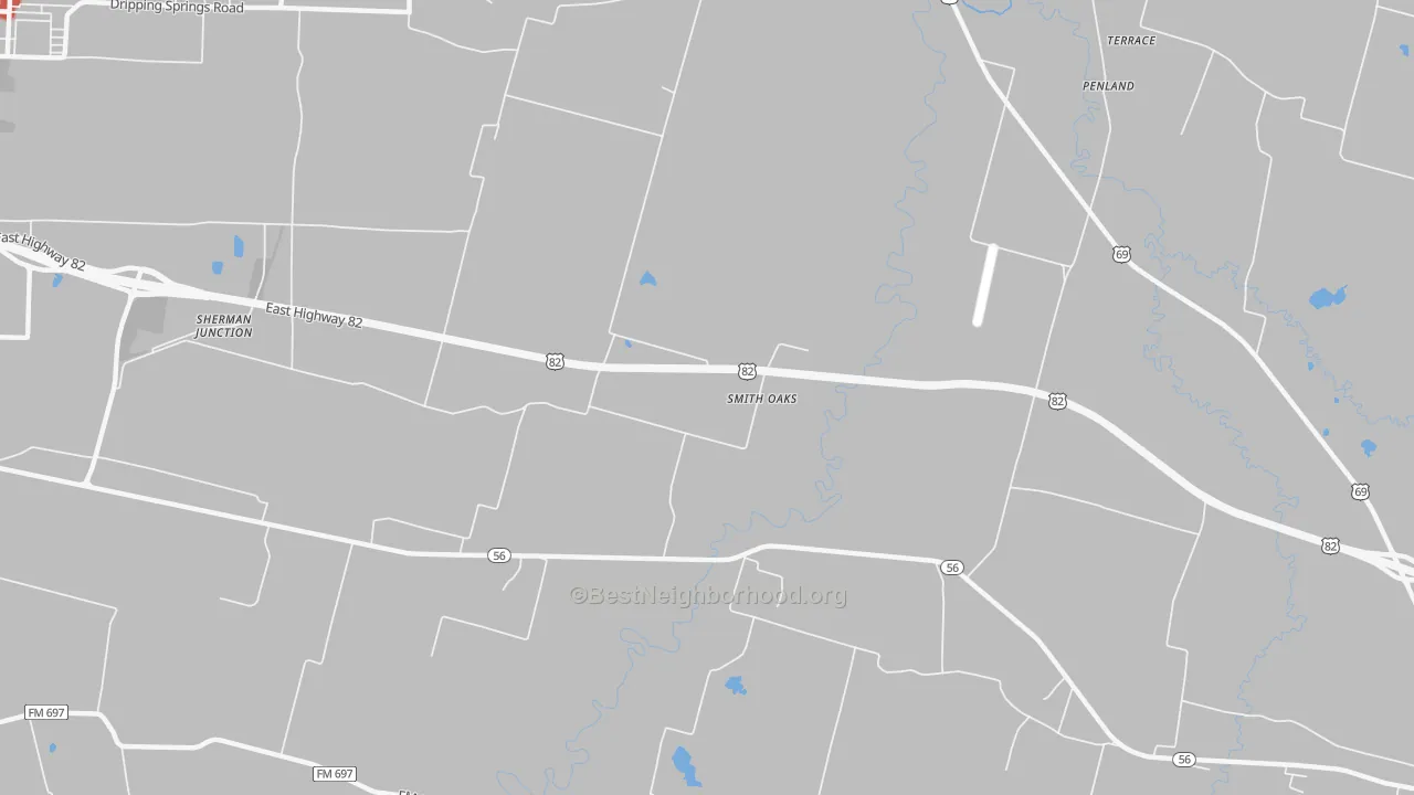 Walk Grade map of Smith Oaks, TX, walkable areas in green and car-dependent areas in red