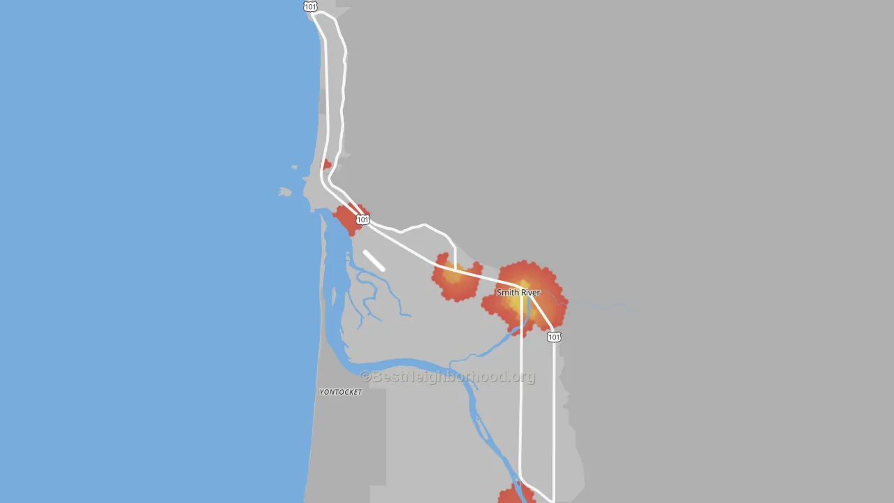 Walk Grade map of Smith River, CA, walkable areas in green and car-dependent areas in red