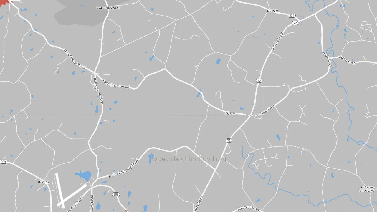 Walk Grade map of Smith, SC, walkable areas in green and car-dependent areas in red