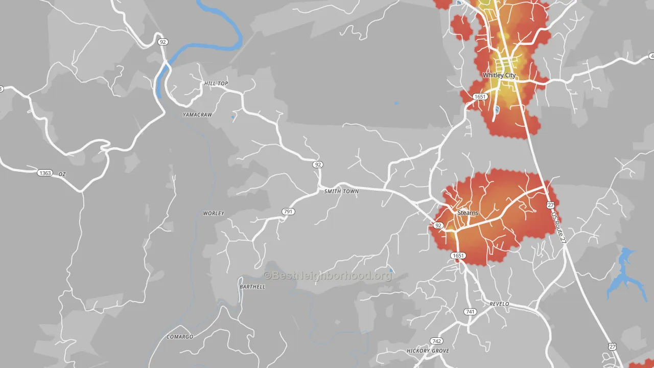 Walk Grade map of Smith Town, KY, walkable areas in green and car-dependent areas in red