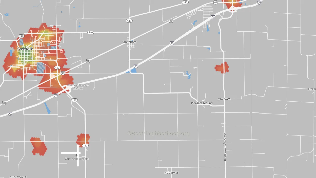 Walk Grade map of Smithboro, IL, walkable areas in green and car-dependent areas in red
