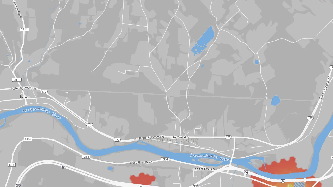 Walk Grade map of Smithboro, NY, walkable areas in green and car-dependent areas in red