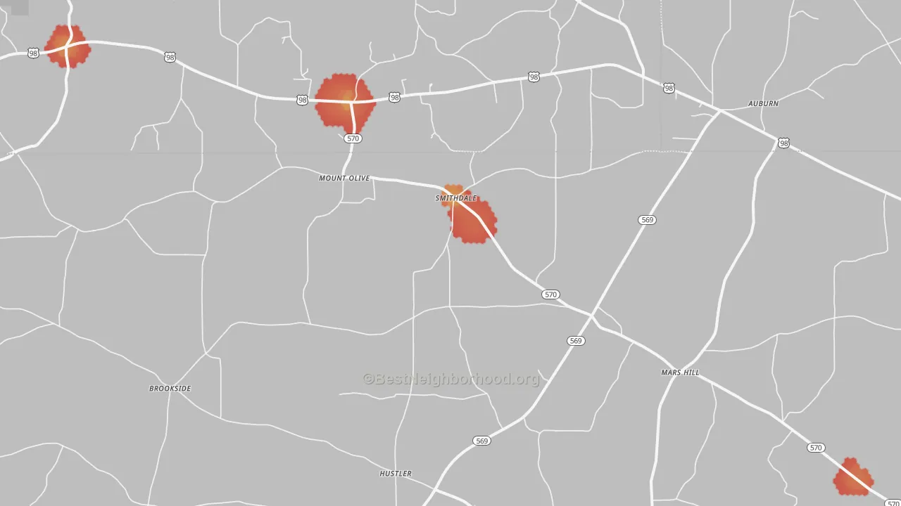 Walk Grade map of Smithdale, MS, walkable areas in green and car-dependent areas in red