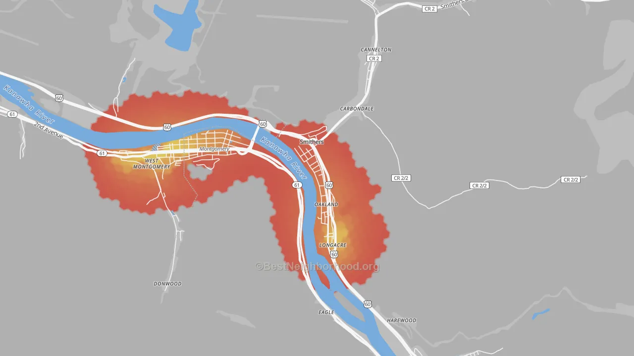 Walk Grade map of Smithers, WV, walkable areas in green and car-dependent areas in red