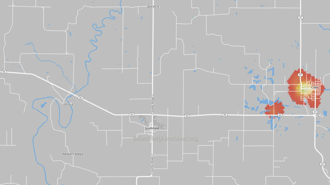Walk Grade map of Smithfield, IL, walkable areas in green and car-dependent areas in red