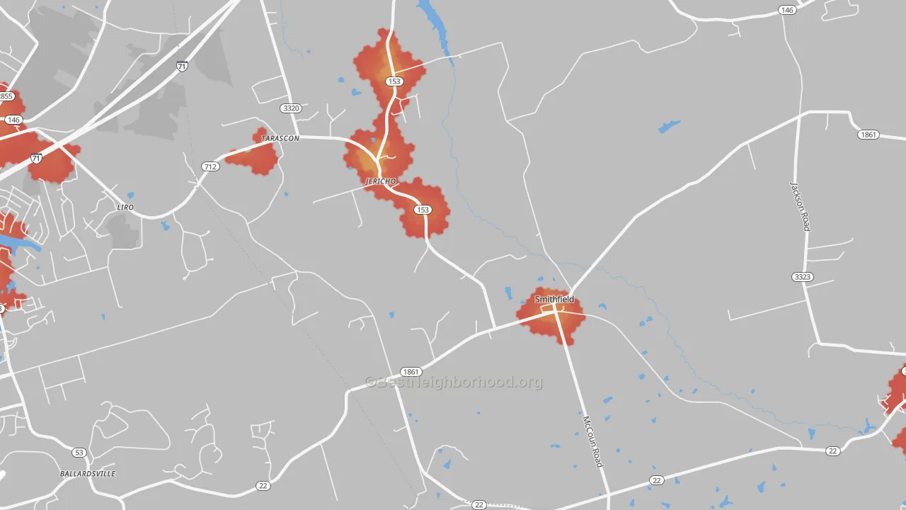 Walk Grade map of Smithfield, KY, walkable areas in green and car-dependent areas in red