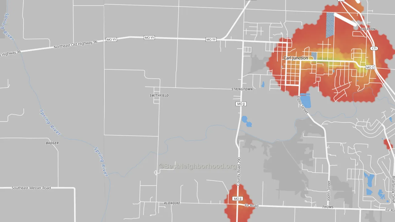 Walk Grade map of Smithfield, MO, walkable areas in green and car-dependent areas in red