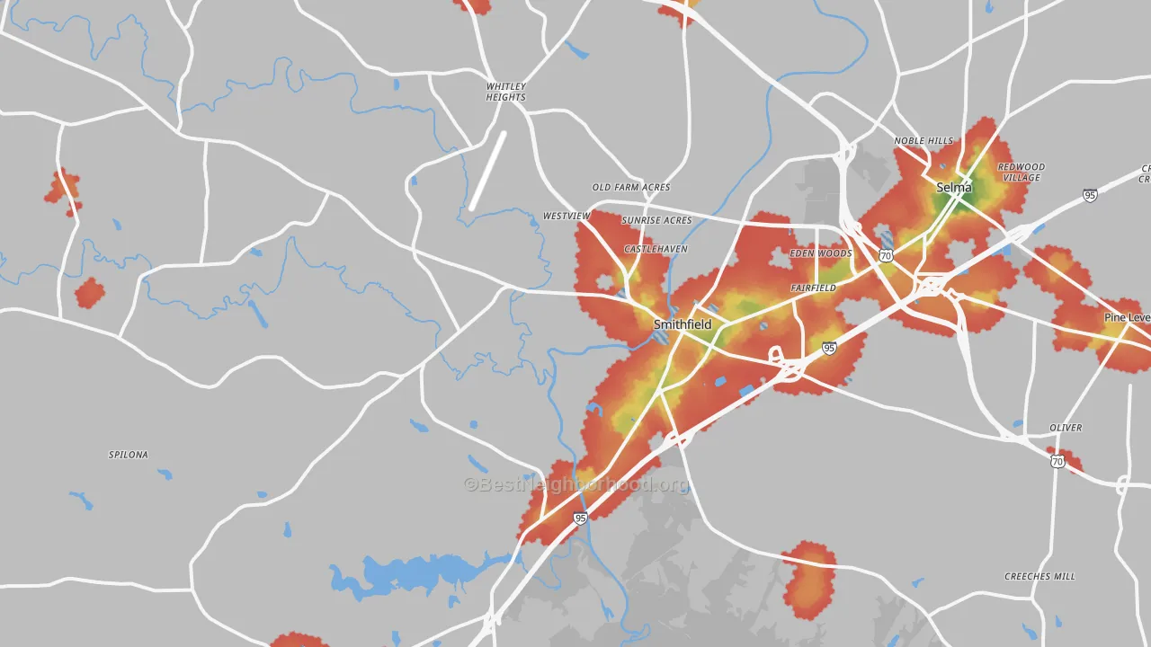 Walk Grade map of Smithfield, NC, walkable areas in green and car-dependent areas in red