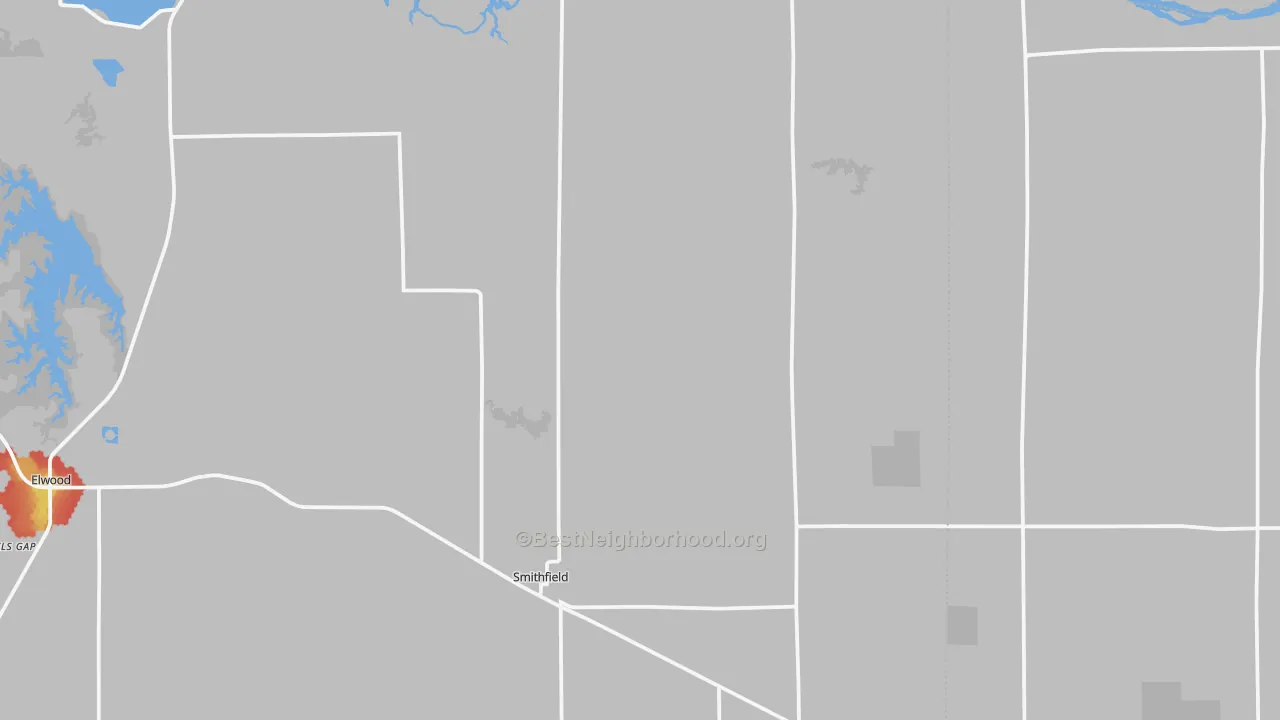 Walk Grade map of Smithfield, NE, walkable areas in green and car-dependent areas in red